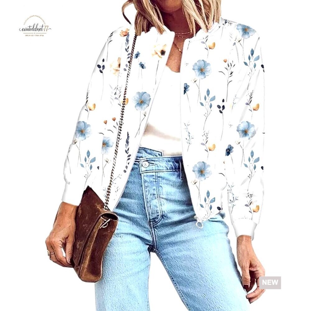 Lightweight Polyester Bomber Jacket with Pockets, Zip Closure, Long Sleeve
